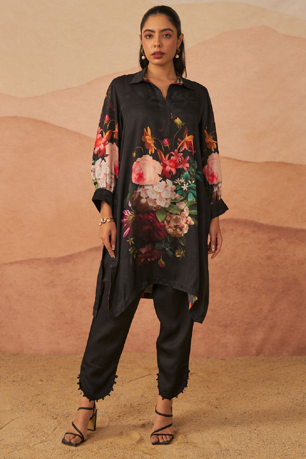 Christiana Black satin botanical tunic set