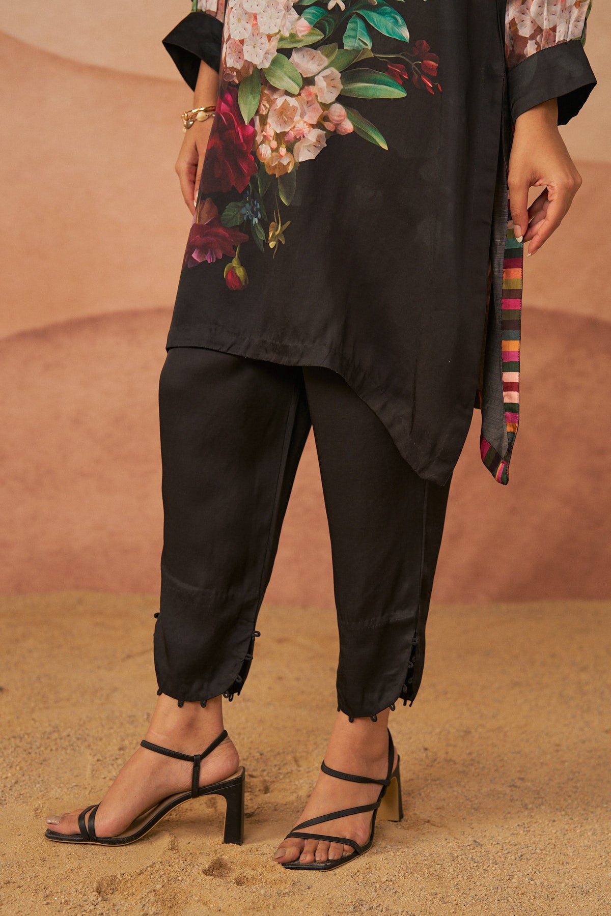 Christiana Black satin botanical tunic set