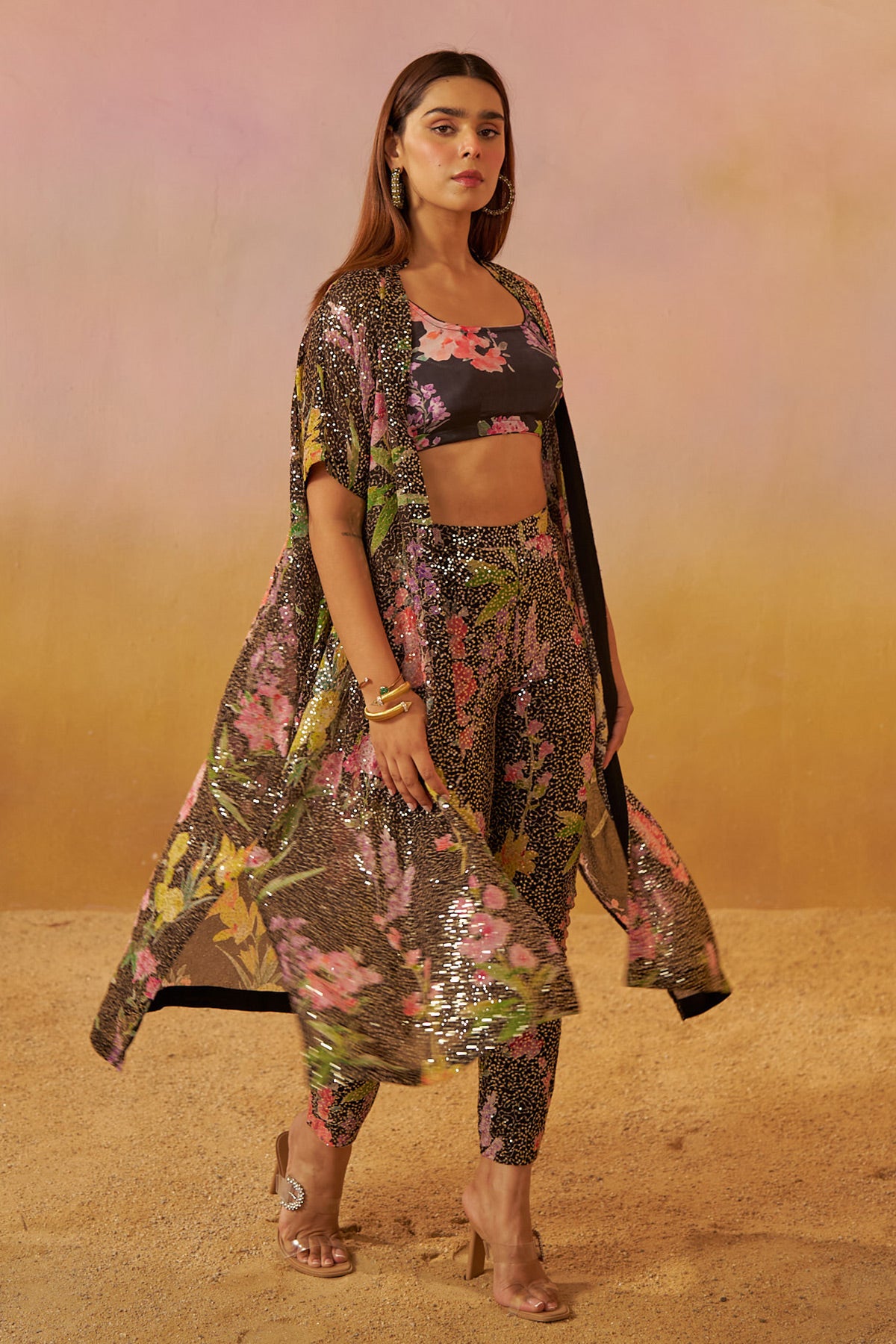 Enchanted Flora Sequins Georgette Flora Cape and Pant with Printed Bustier