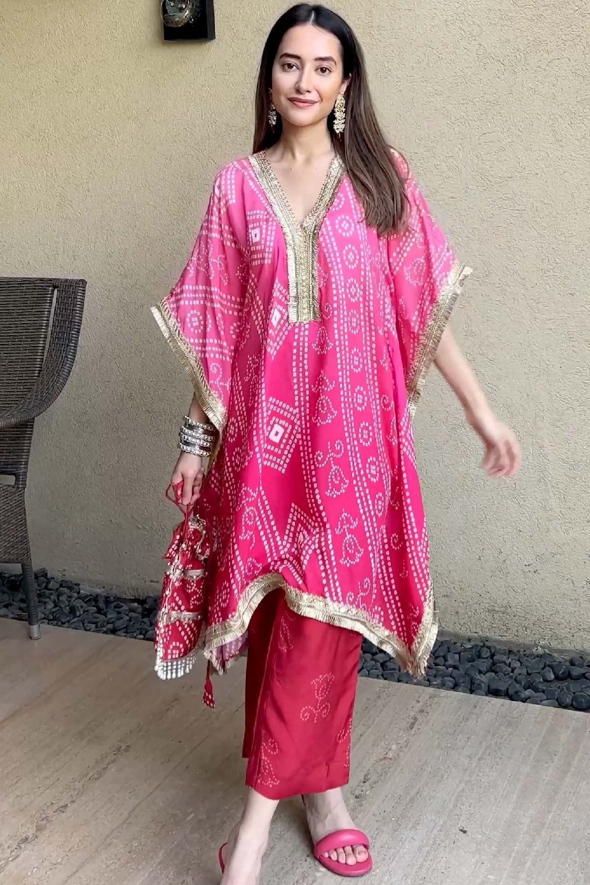 Pink Cotton Silk Print Bandhani Bloom V Neck Kaftan Set