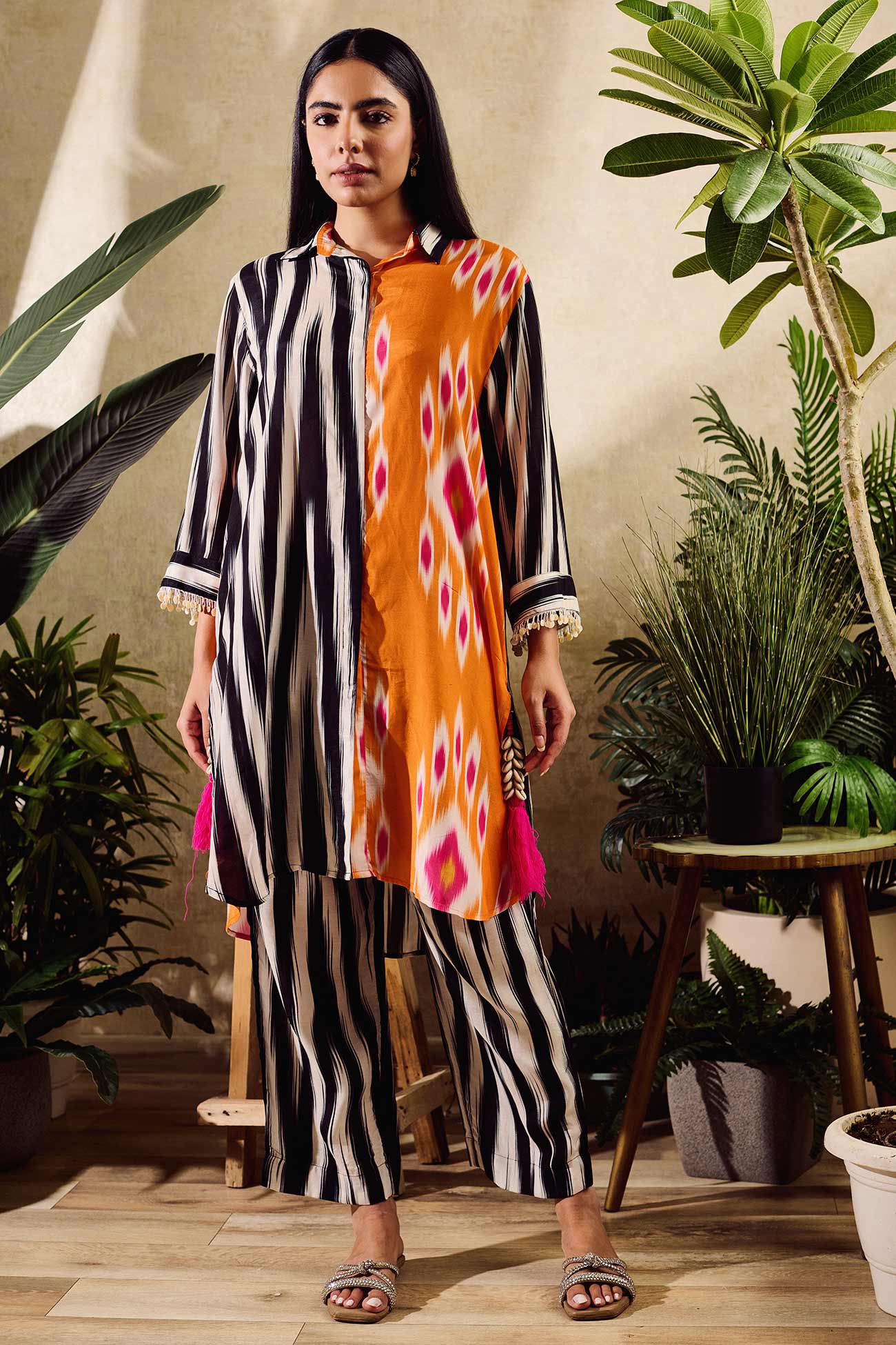 Multi Color Cotton Silk Print Abstract Collared Neck Long Shirt With Pant