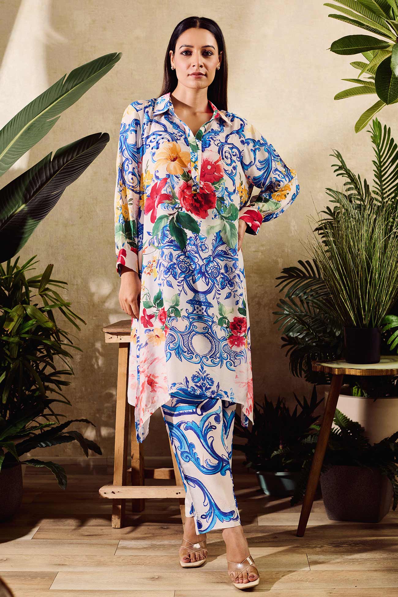 Blue Cotton Silk Print Floral Collared Neck Flower Garden Long Shirt With Pant