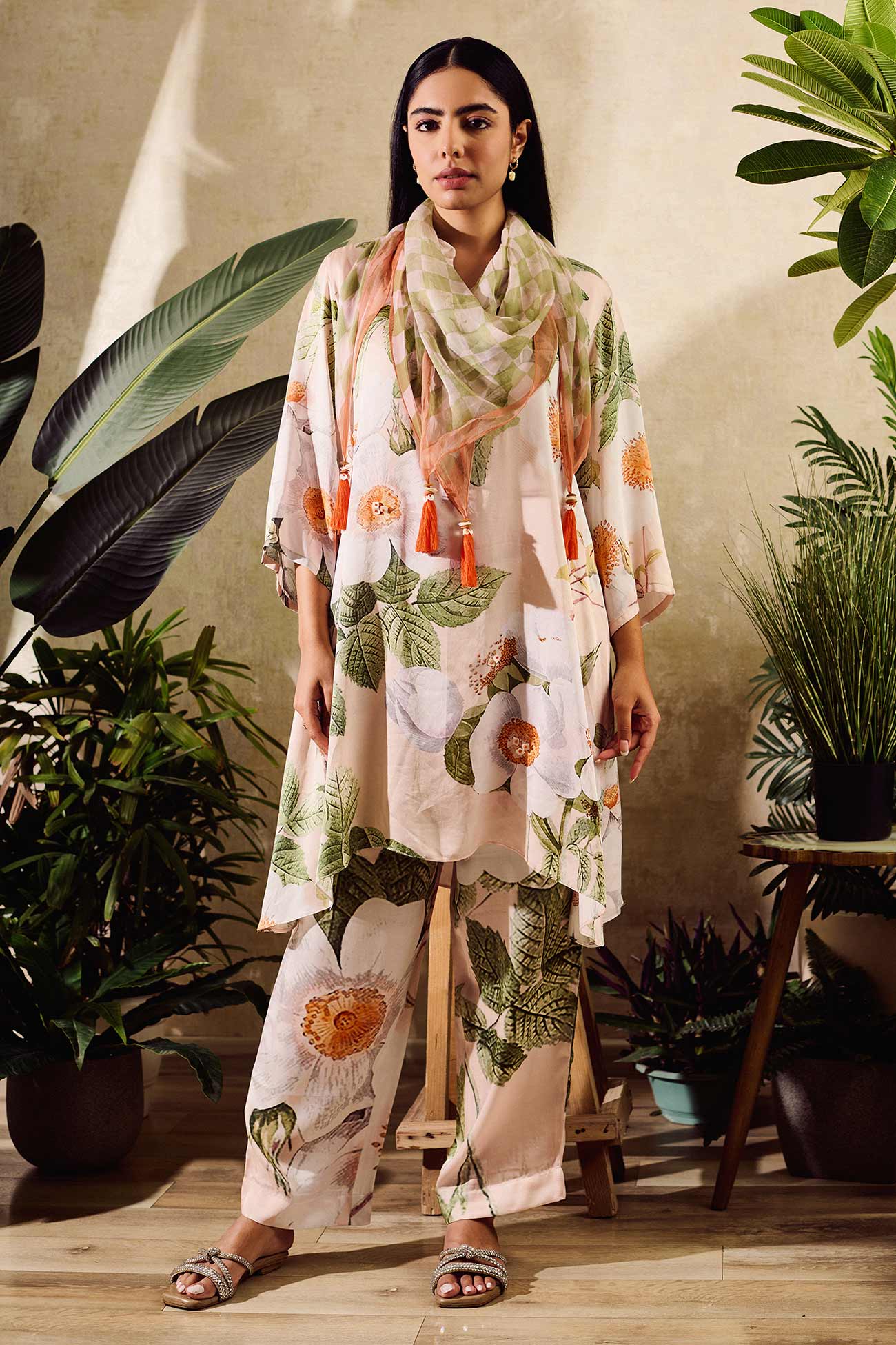 Beige Scarf Chiffon Printed Botanical Mandarin Kurta Pant Set