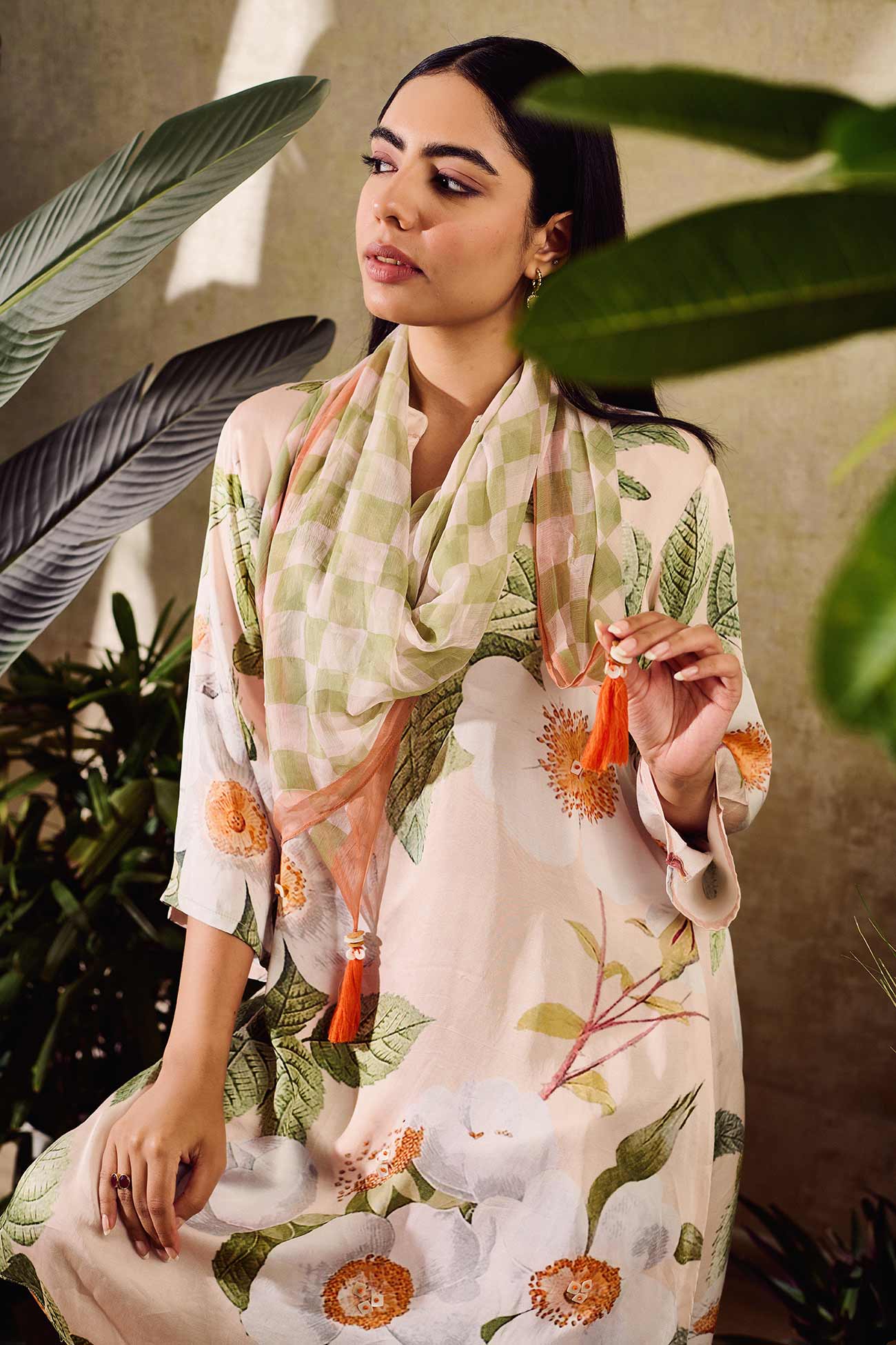 Beige Scarf Chiffon Printed Botanical Mandarin Kurta Pant Set