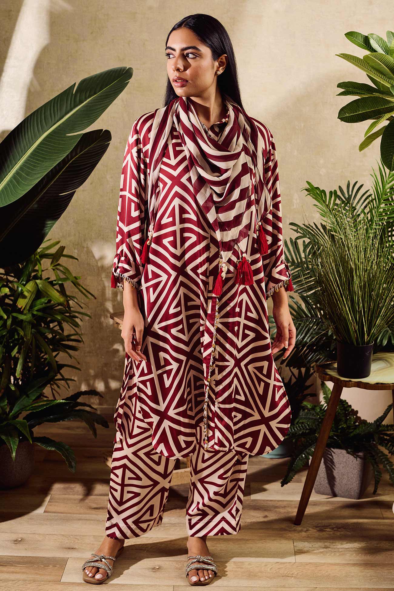 Maroon Cupro Satin Print Geometric Collared Neck Straight Tunic And Pant Set