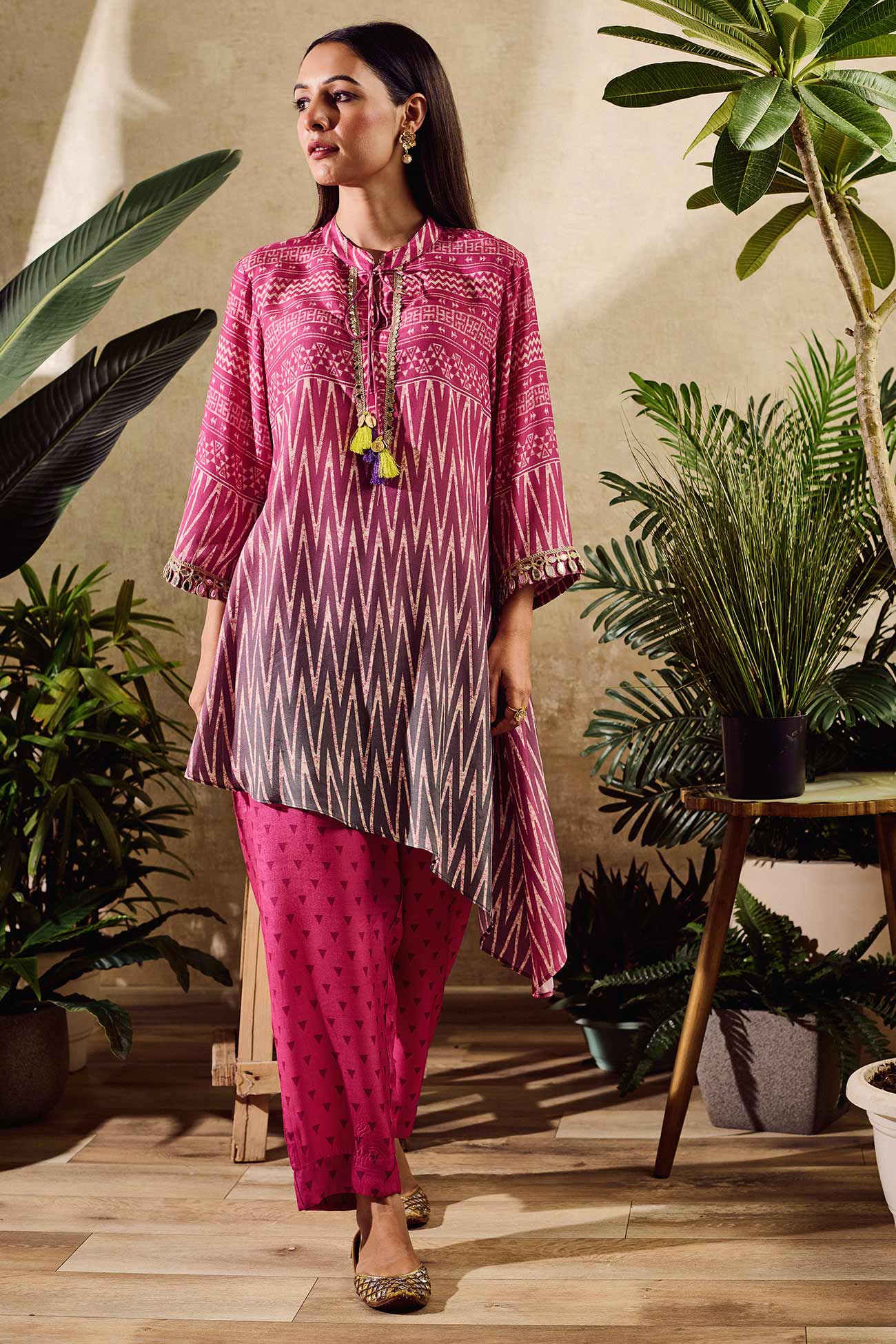 Pink Cotton Silk Print Geometric Round Collar Tunic With Pant