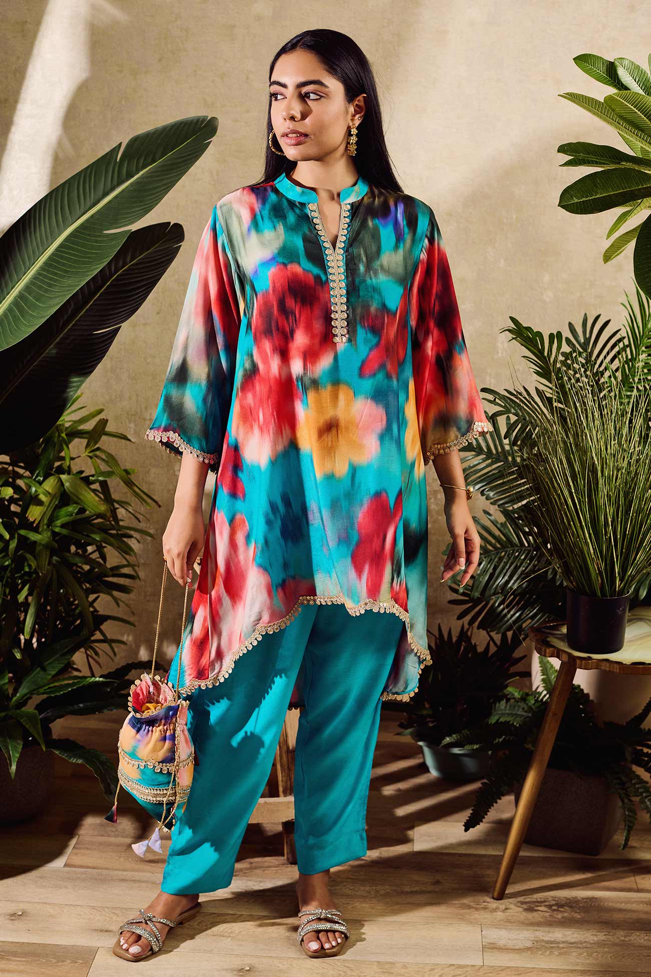 Blue Cotton Silk Print Floral Mandarin Faded Kaftan And Pant Set