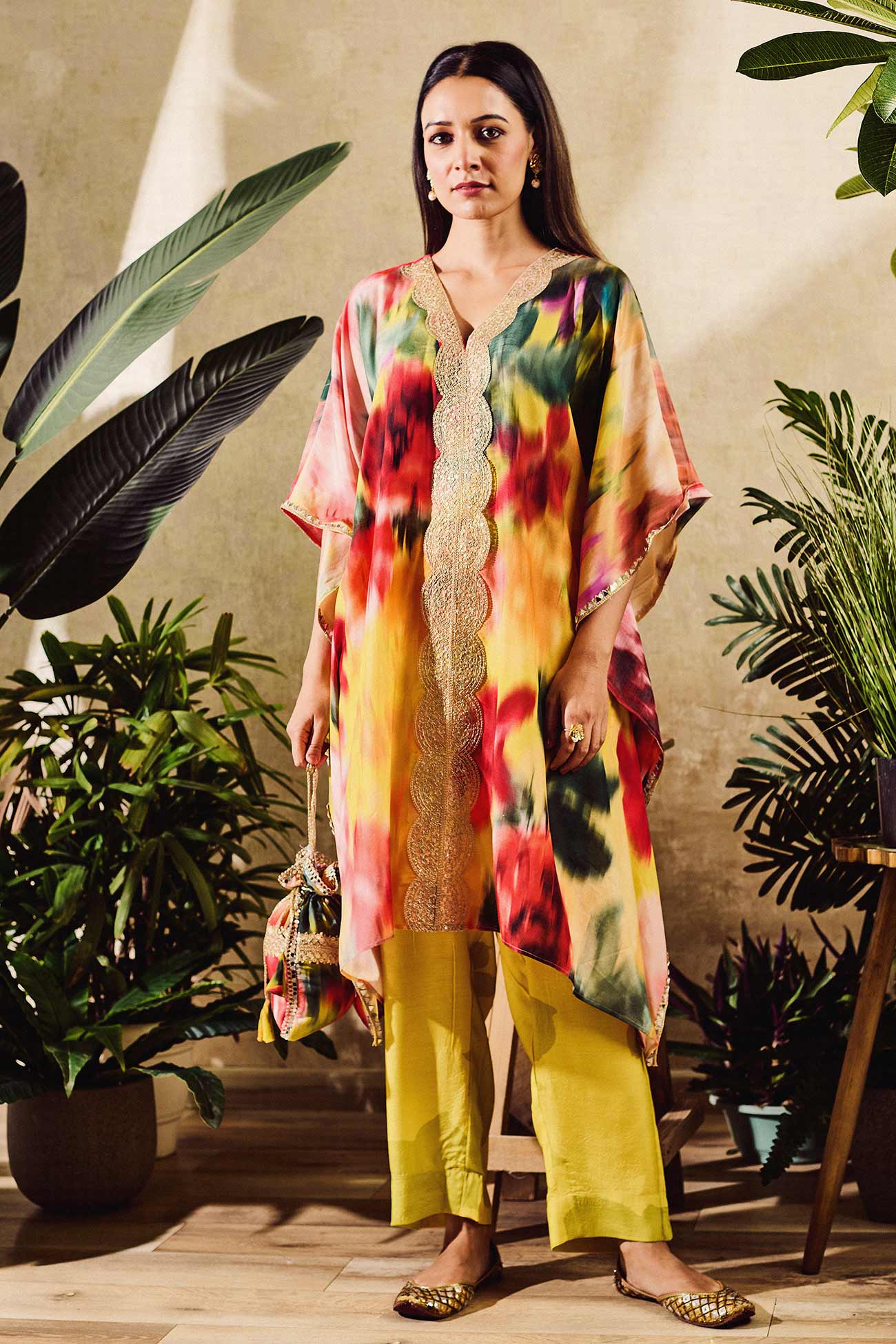 Yellow Cotton Silk Print Floral  Faded Kaftan And Pant Set