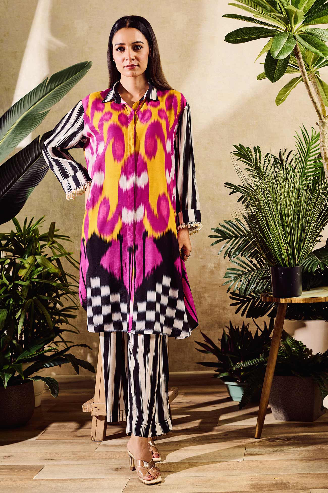 Multi Color Cotton Silk Printed Abstract Stripe Pattern Sleeve Kurta With Pant