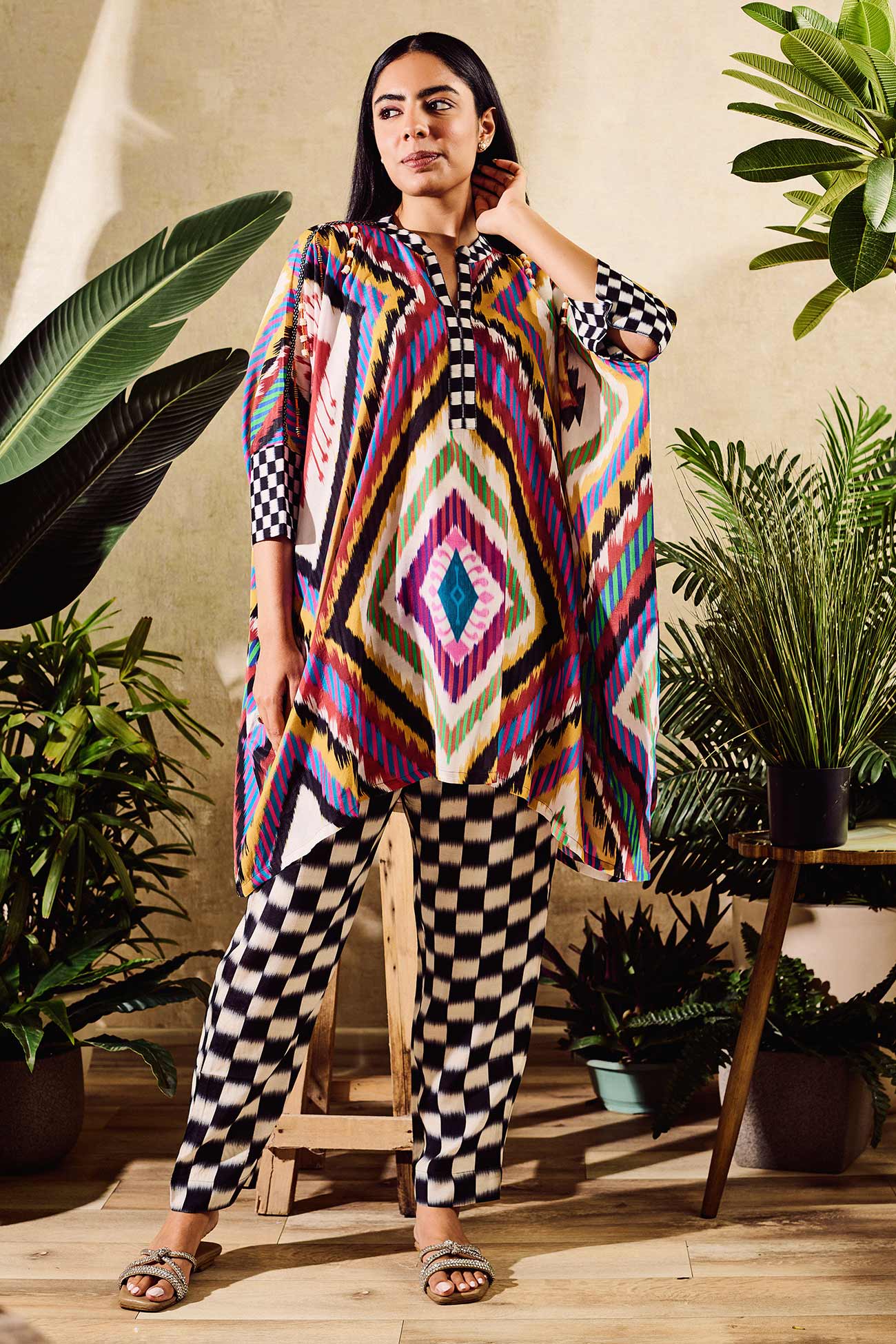 Multi Color Cotton Silk Printed Geometric Notched Round Kaftan With Pant