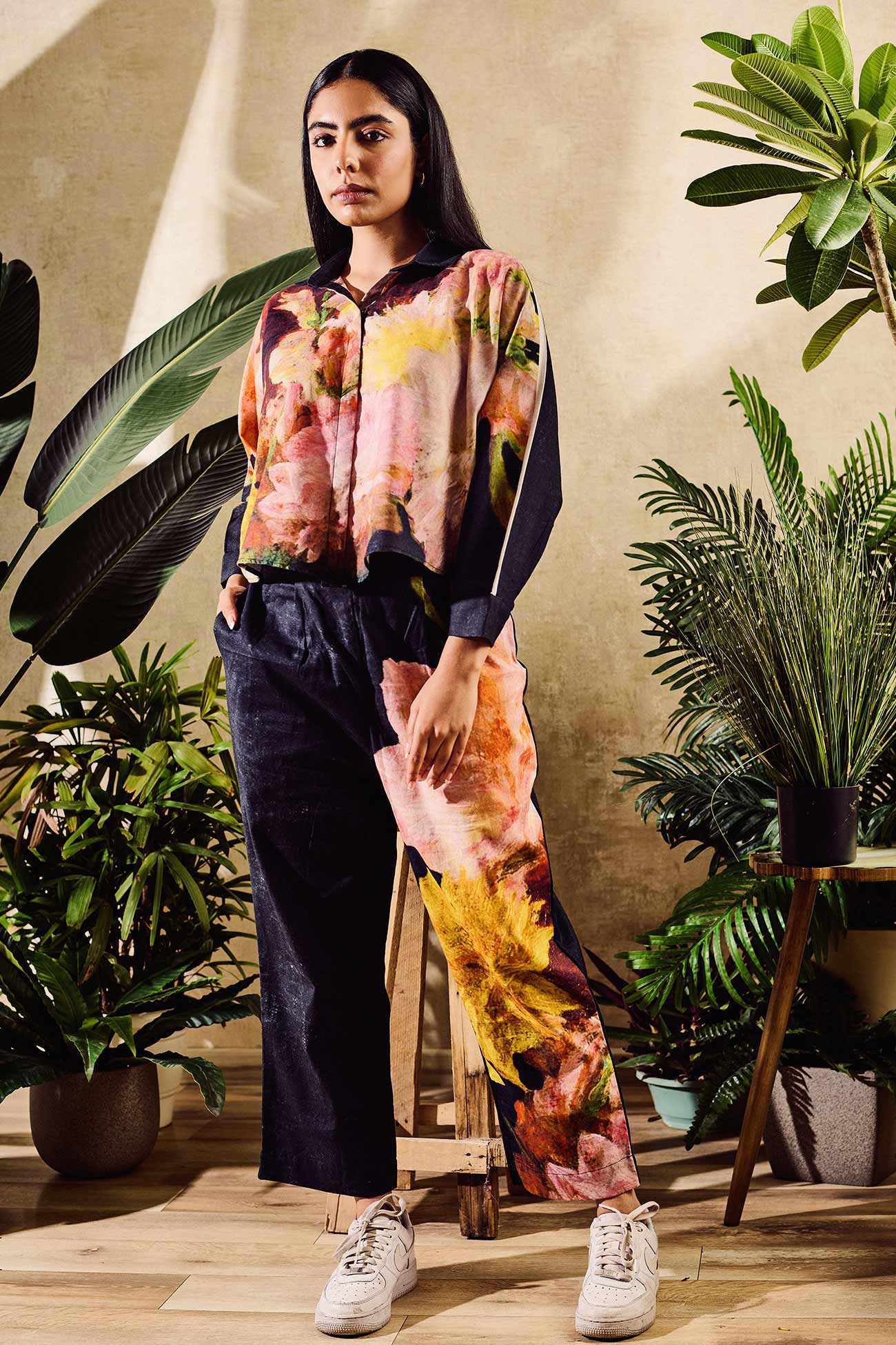 Black Linen Print Floral Collared Neck Watercolor Shirt With Pant