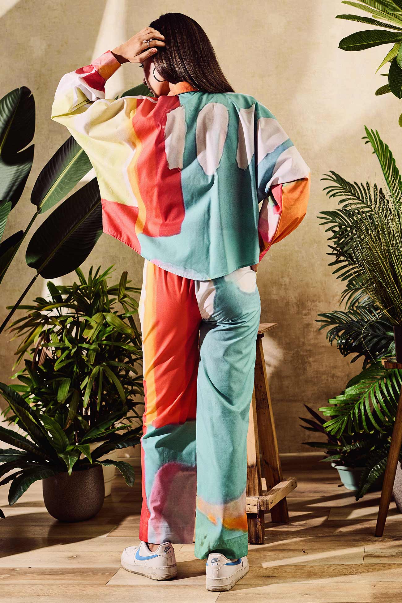 Multi Color Poplin Printed Abstract Collared Shirt With Pant