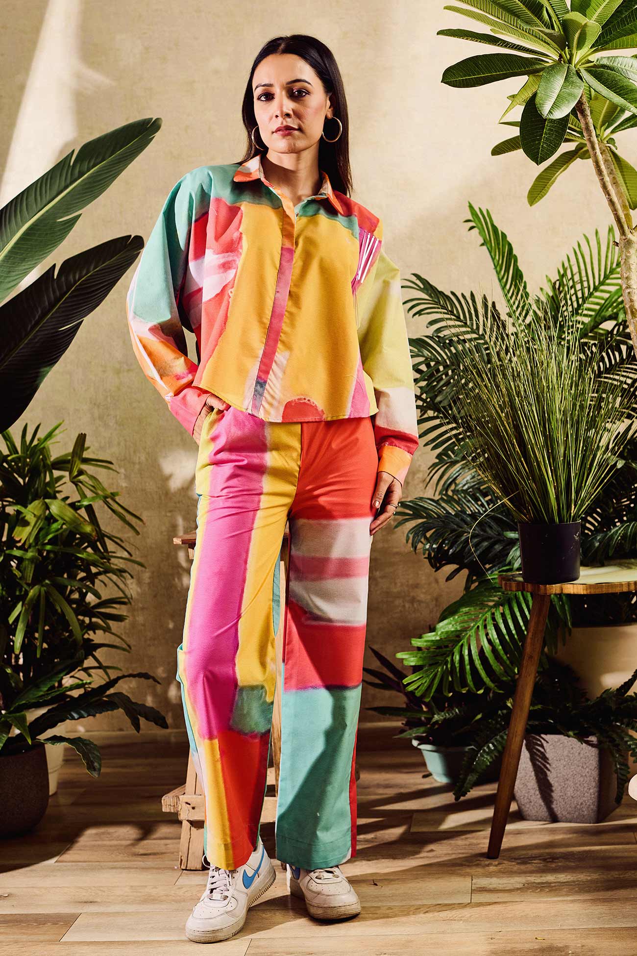 Multi Color Poplin Printed Abstract Collared Shirt With Pant