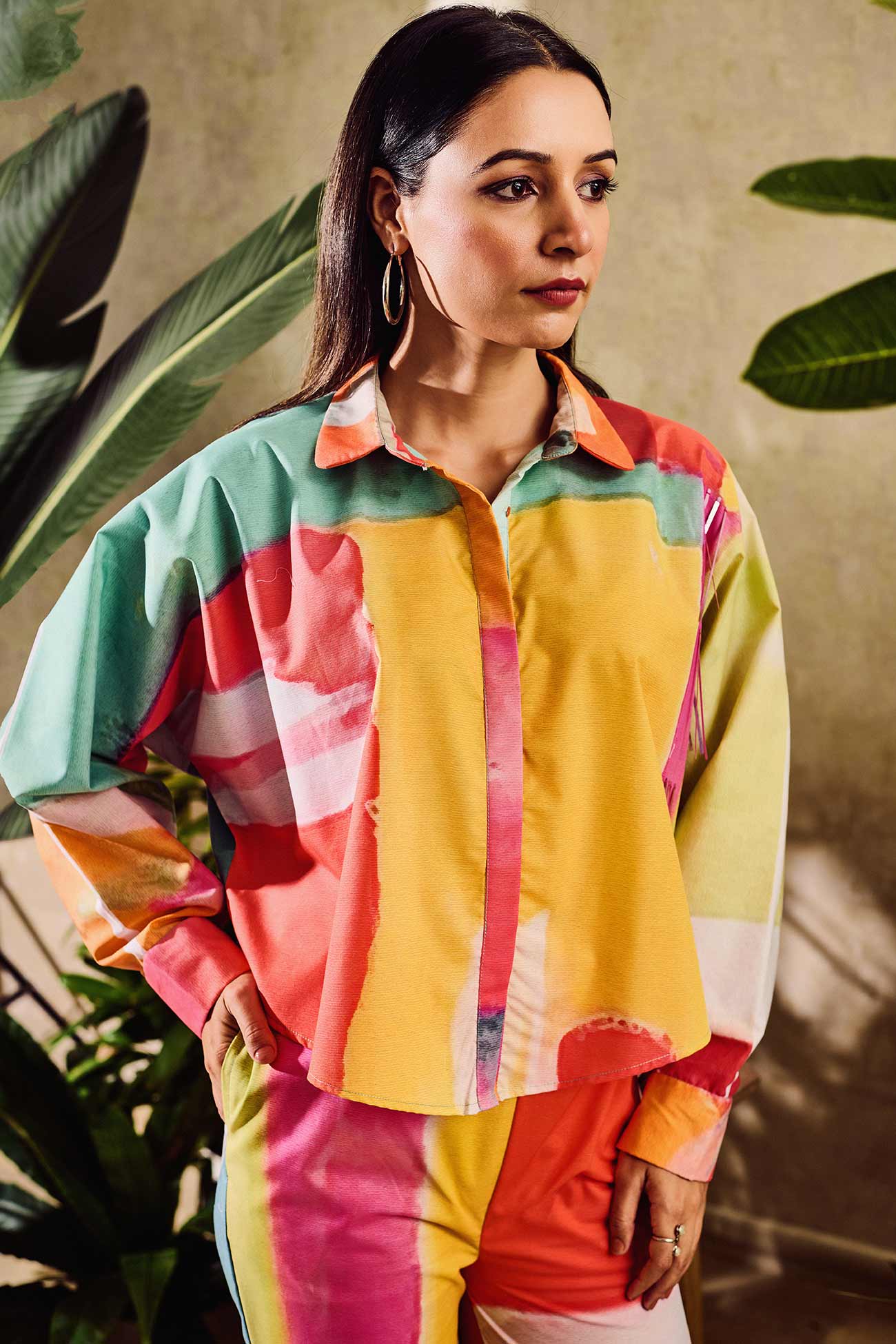 Multi Color Poplin Printed Abstract Collared Shirt With Pant