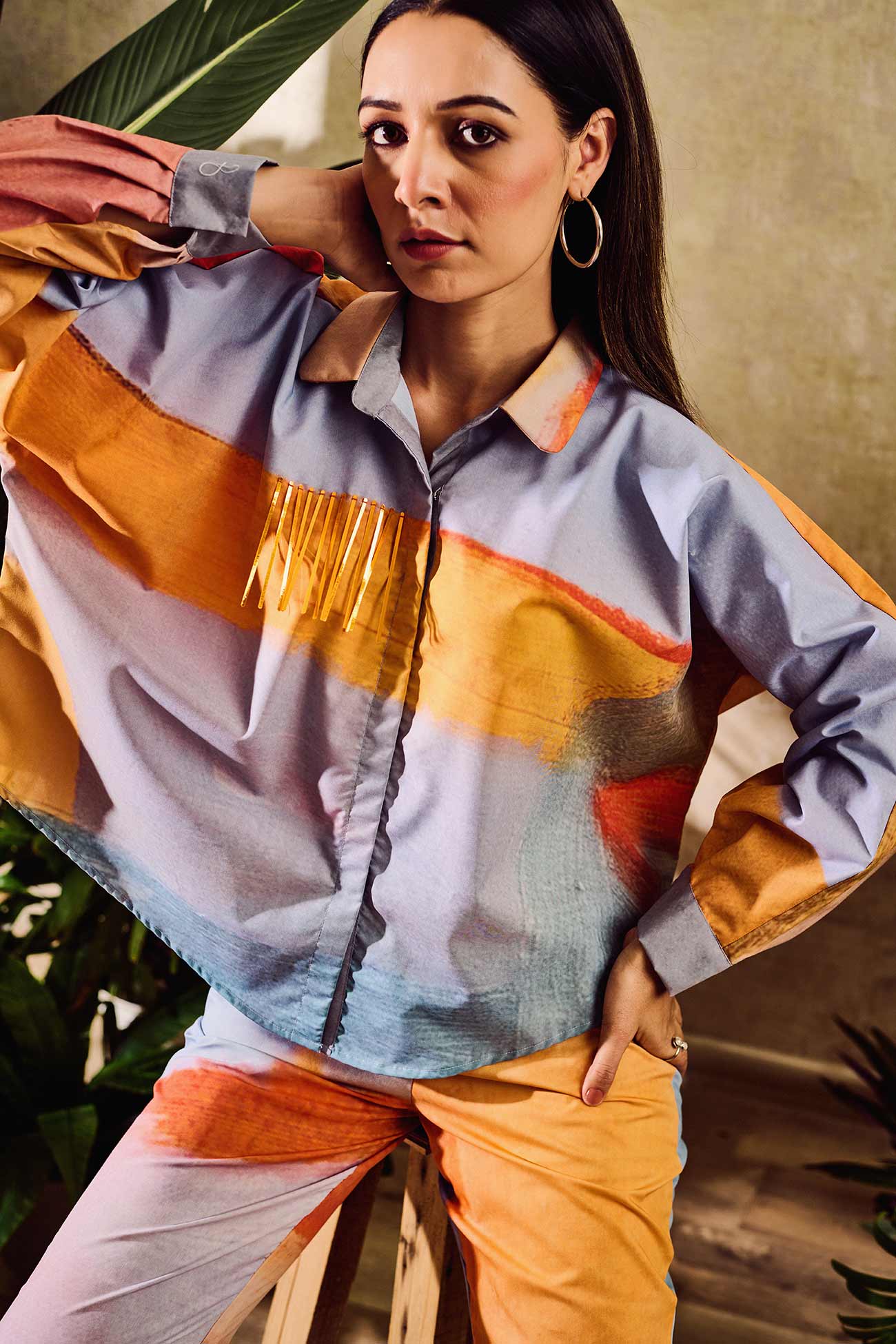 Multi Color Poplin Printed Collared Cuff Sleeve Shirt With Pant