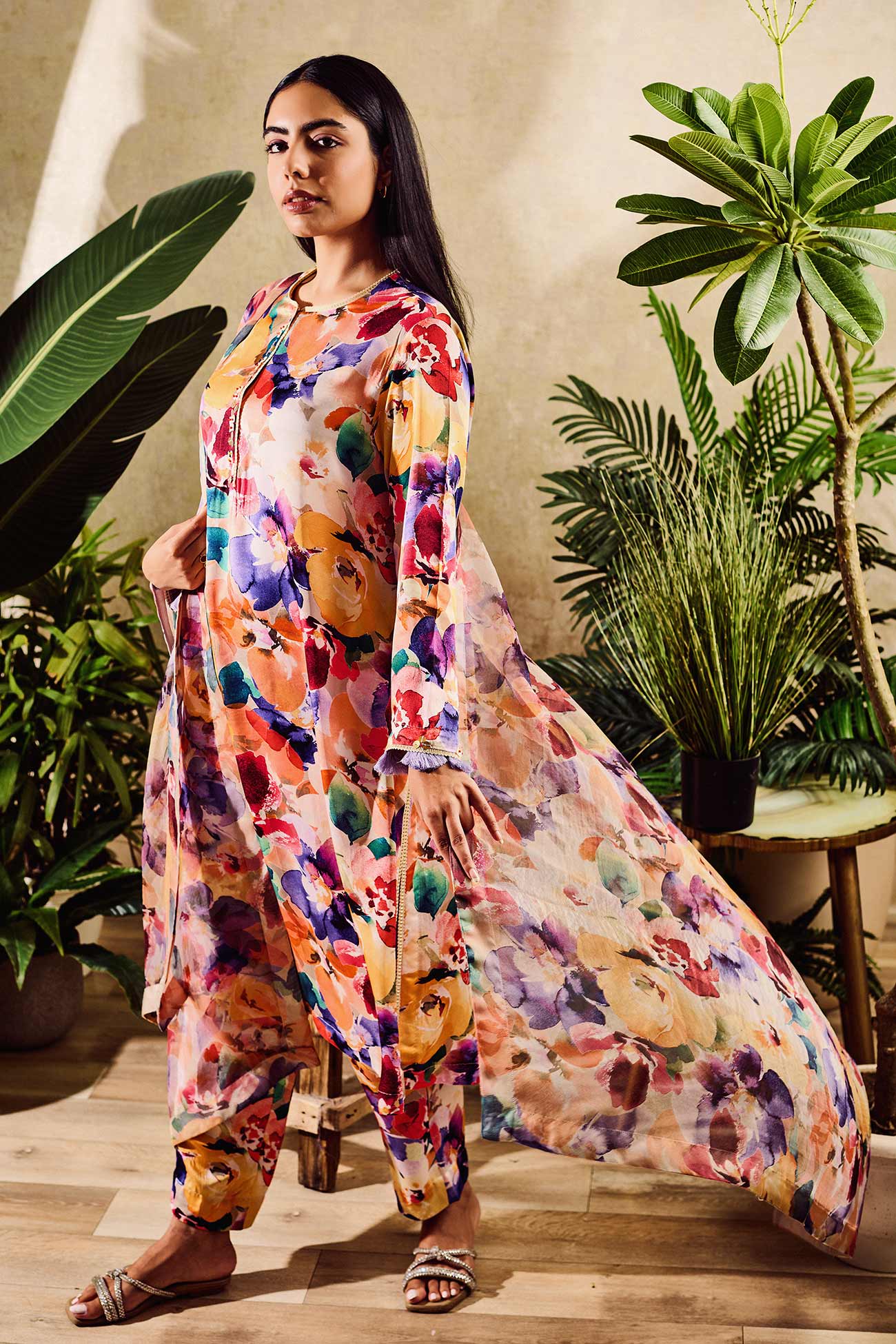 Multi Color Cupro Satin Print Floral Round Watercolor Kurta And Pant Set