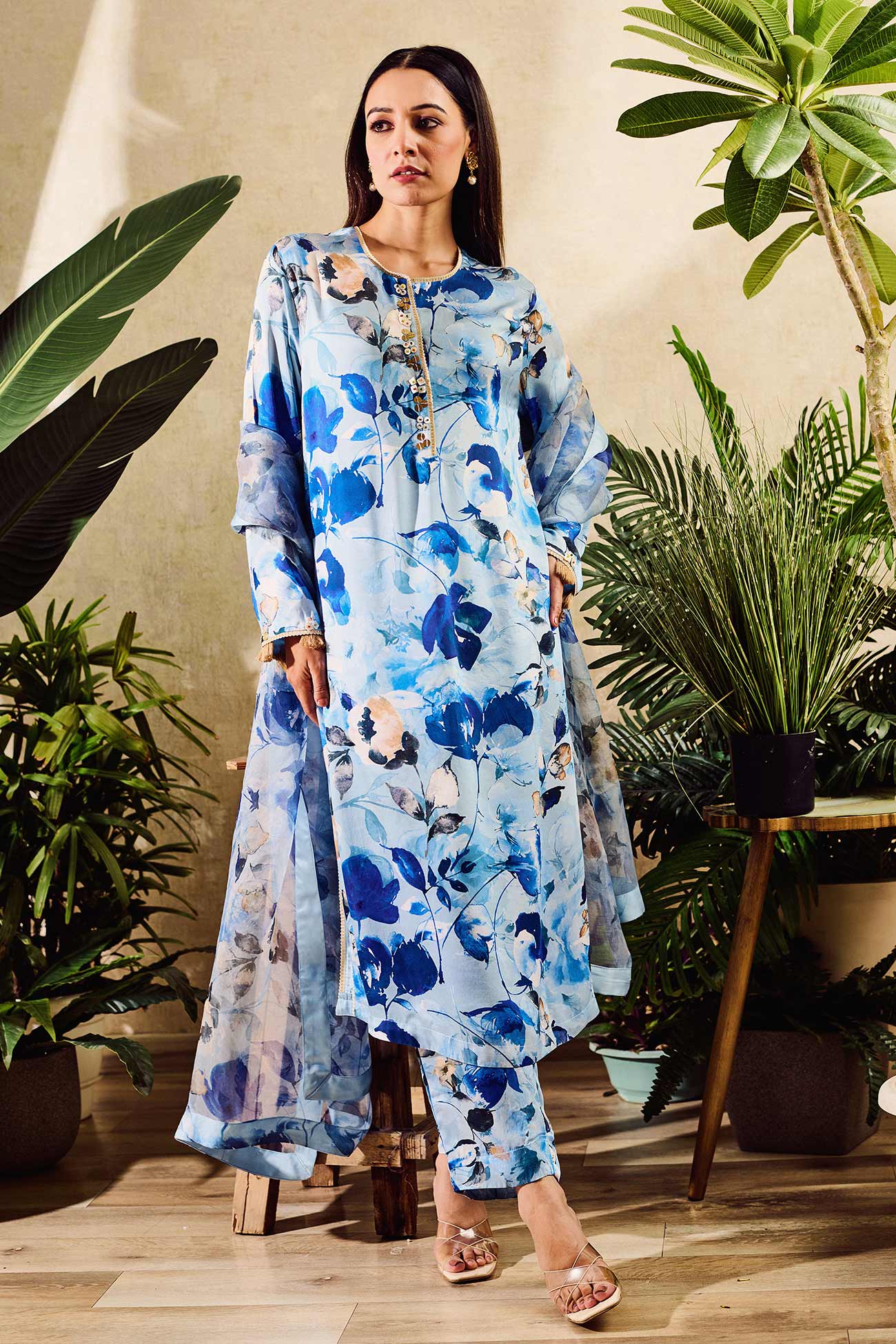 Blue Cupro Satin Print Floral Round Watercolor Flower Kurta And Pant Set