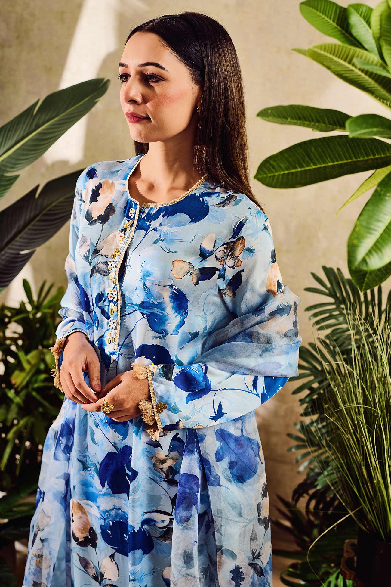 Blue Cupro Satin Print Floral Round Watercolor Flower Kurta And Pant Set