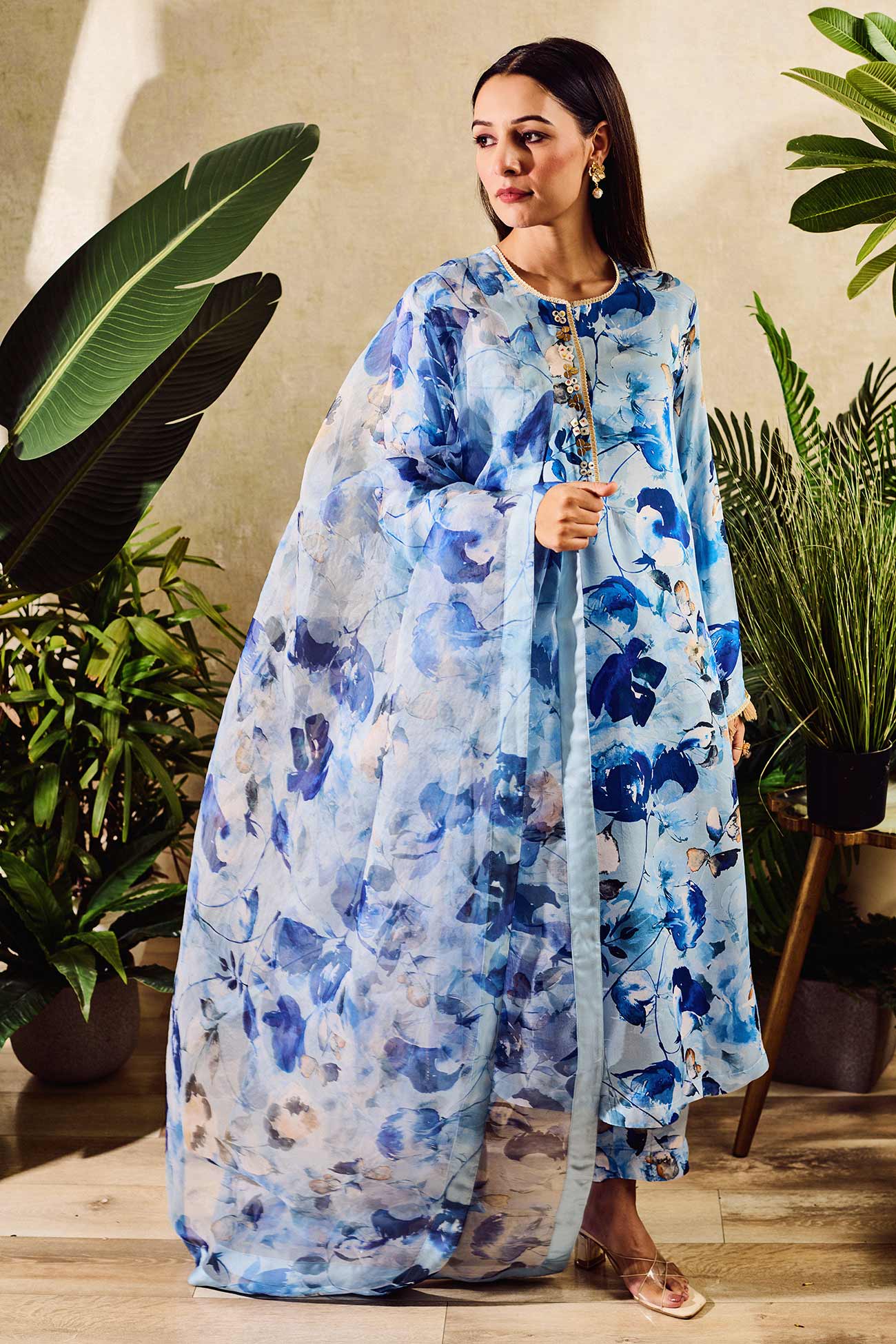 Blue Cupro Satin Print Floral Round Watercolor Flower Kurta And Pant Set