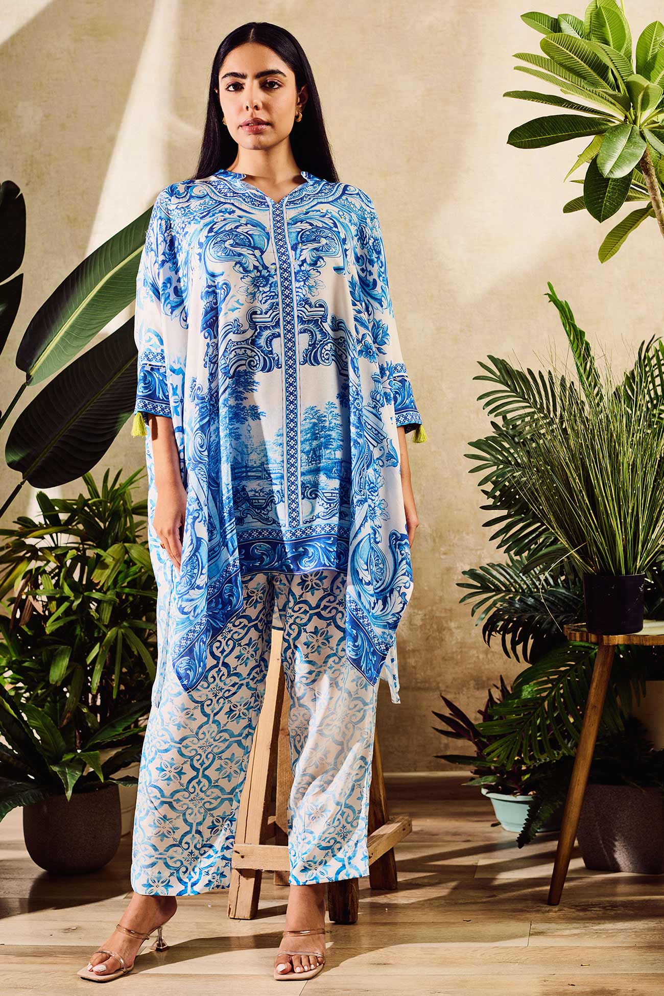 Blue Cotton Silk Printed Floral Bloom Notched Round Kaftan With Pant