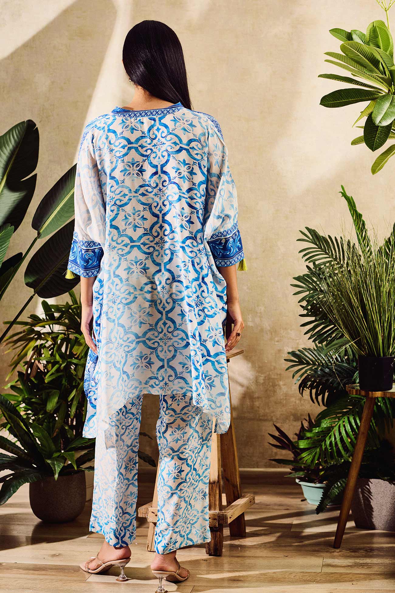 Blue Cotton Silk Printed Floral Bloom Notched Round Kaftan With Pant