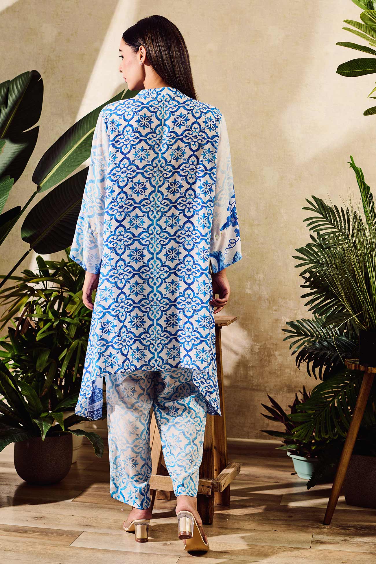 Blue Cotton Silk Printed Botanical Mandarin Asymmetric Kurta With Pant