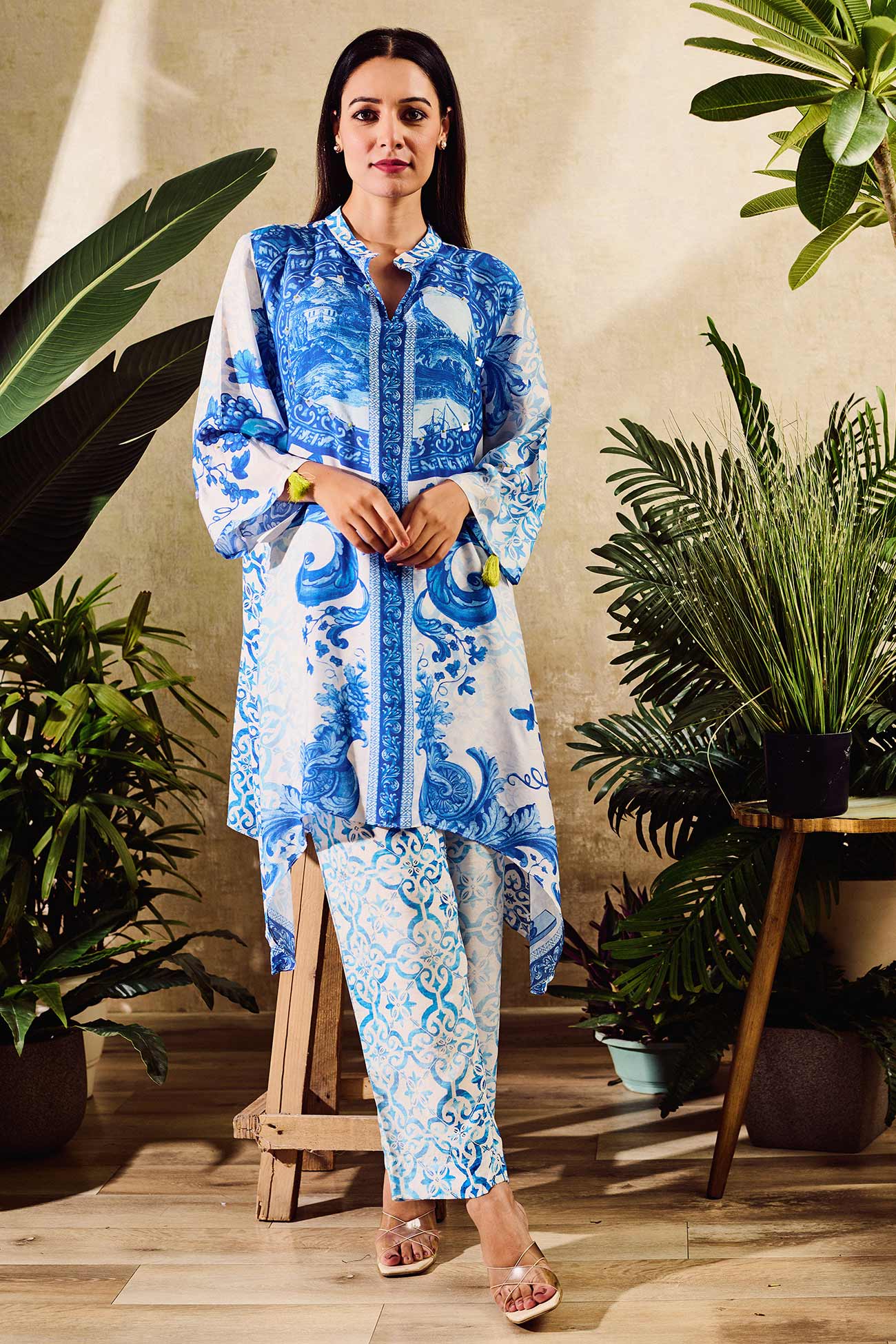 Blue Cotton Silk Printed Botanical Mandarin Asymmetric Kurta With Pant