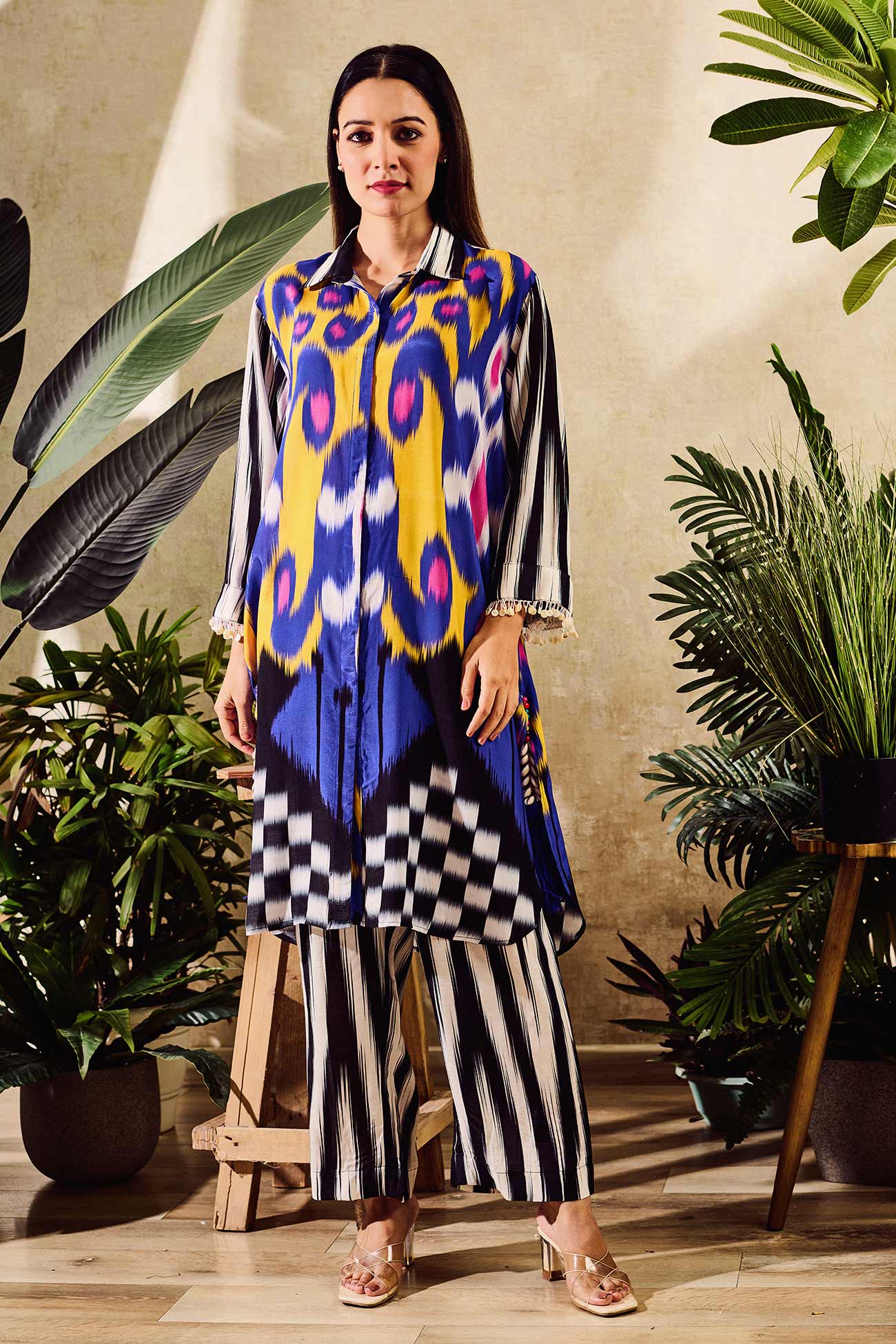 Multi Color Cotton Silk Print Abstract Collared Neck Long Shirt With Pant