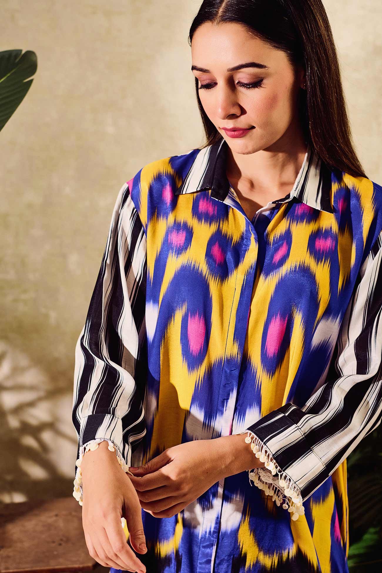 Multi Color Cotton Silk Print Abstract Collared Neck Long Shirt With Pant