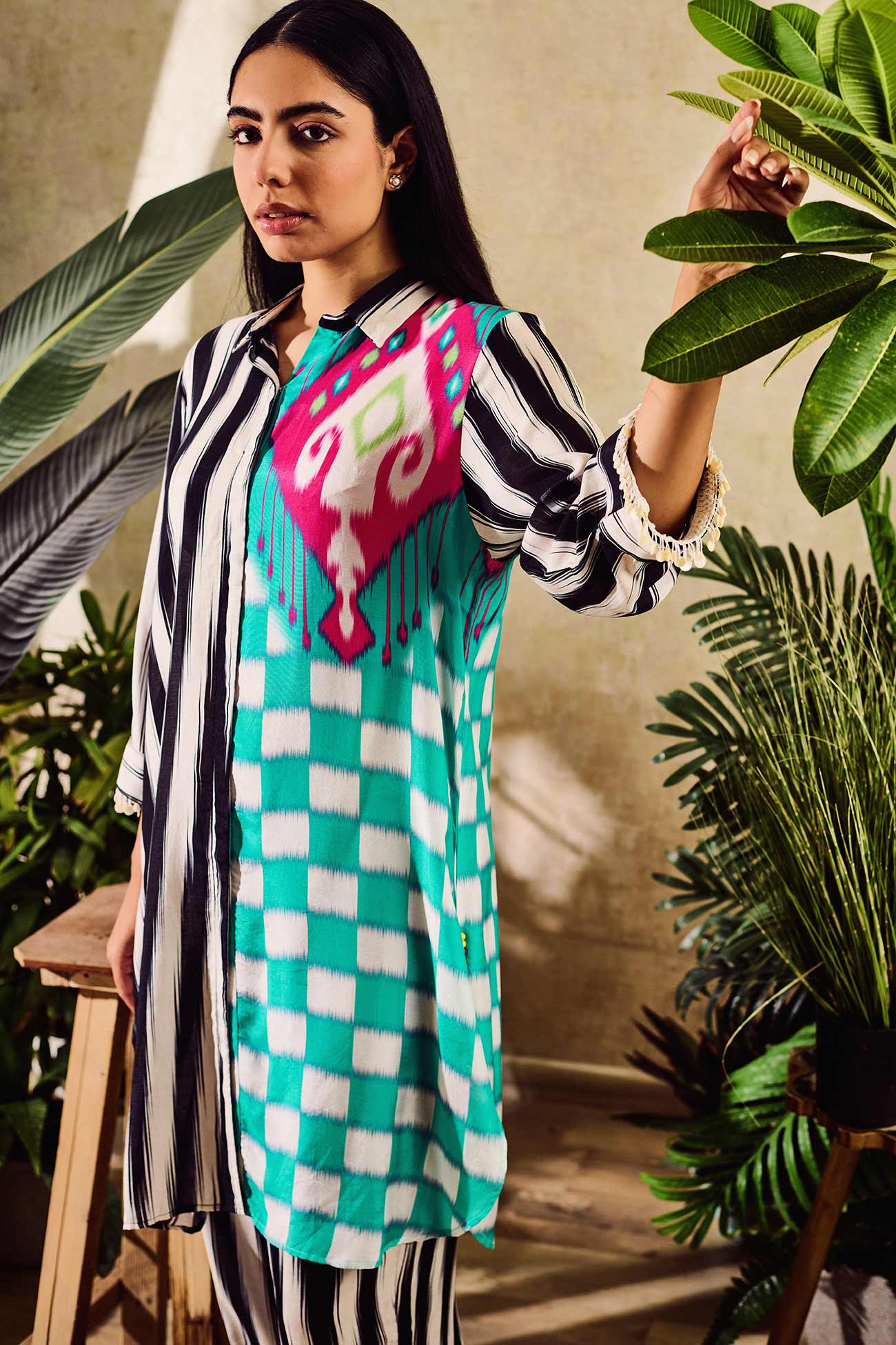 Multi Color Cotton Silk Print Stripe Collared Chequered Long Shirt With Pant