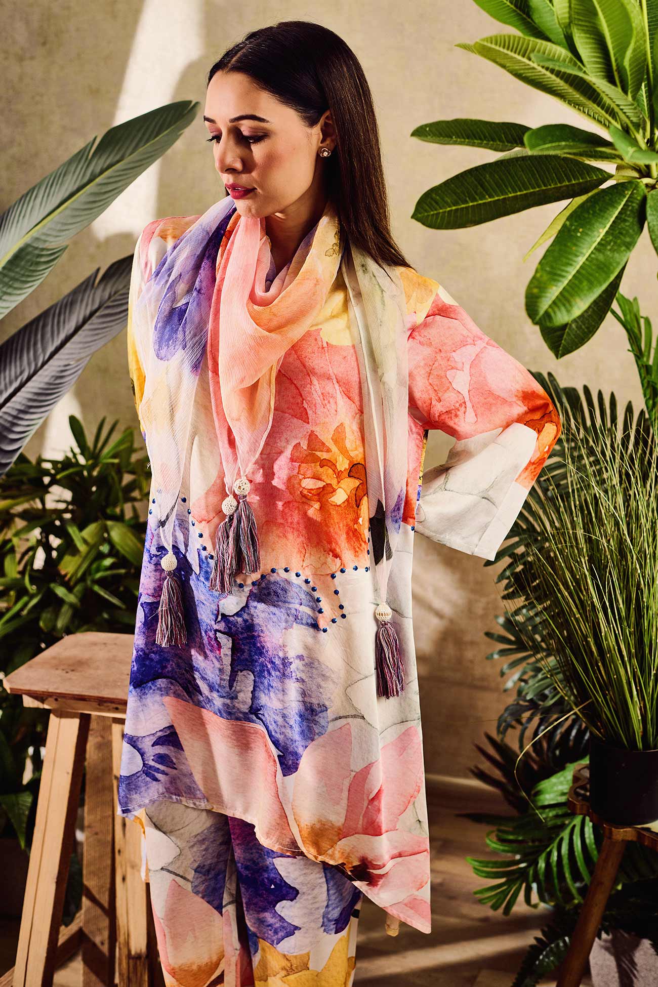 Multi Color Cupro Satin Printed Watercolour Floral Asymmetric Tunic Pant Set