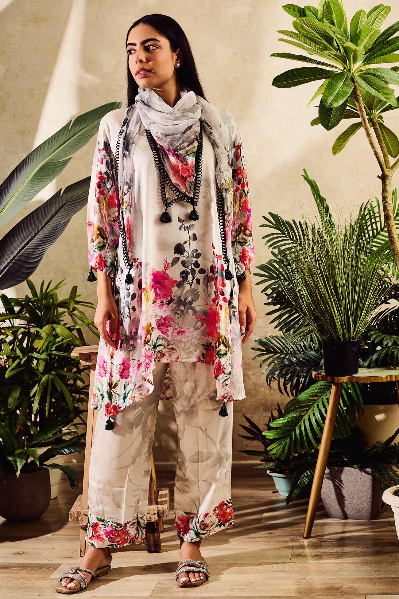 Off White Cupro Satin Print Hibiscus Garden Notched Collar Kurta Pant Set