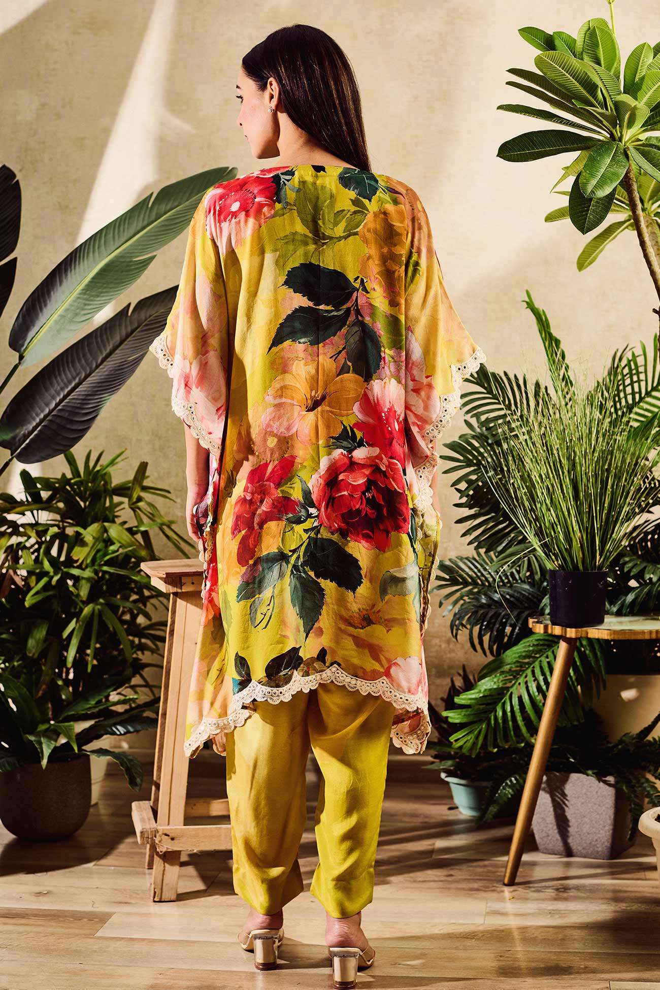 Yellow Cotton Silk Print Floral V Neck Rose Bloom Kaftan And Pant Set