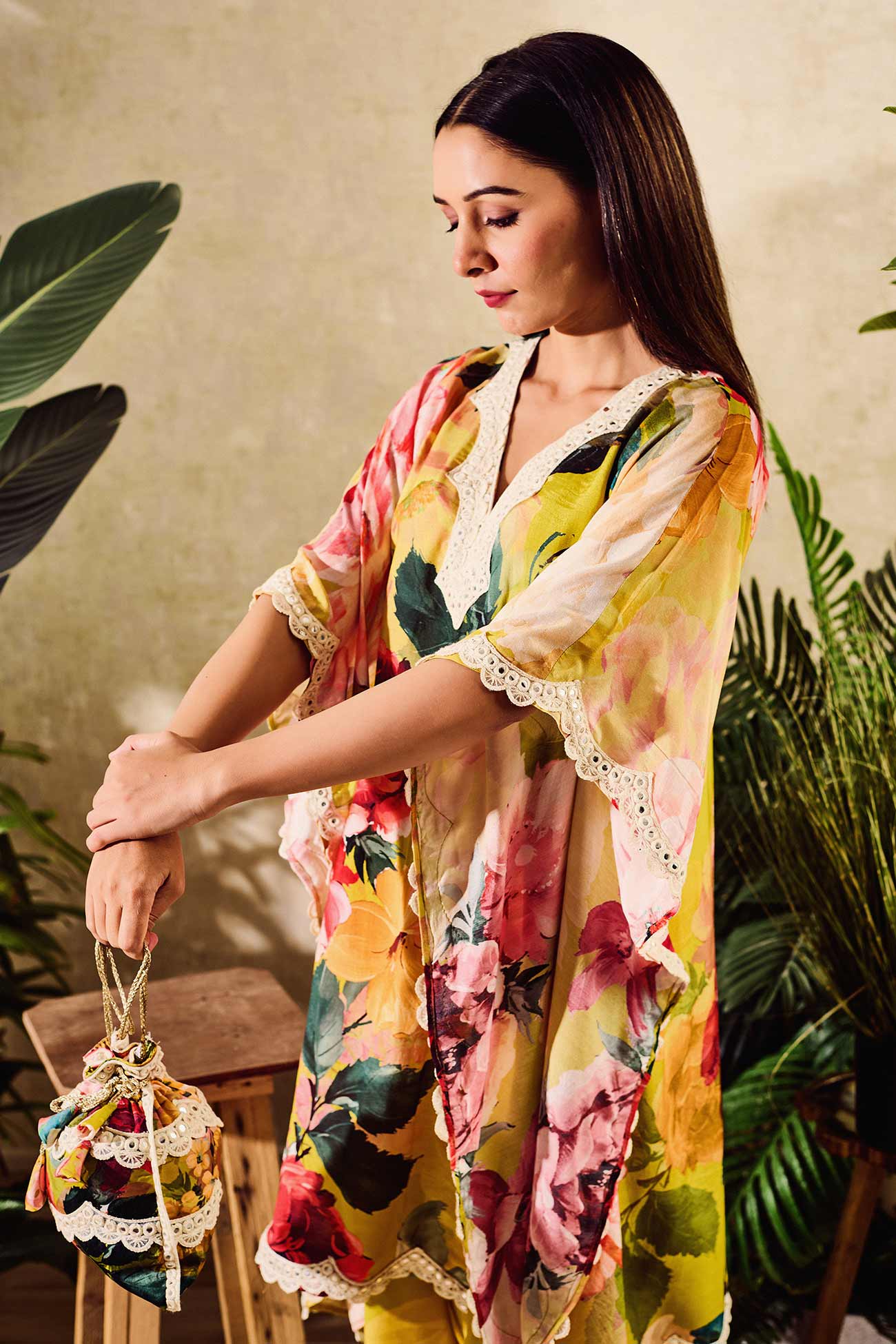 Yellow Cotton Silk Print Floral V Neck Rose Bloom Kaftan And Pant Set