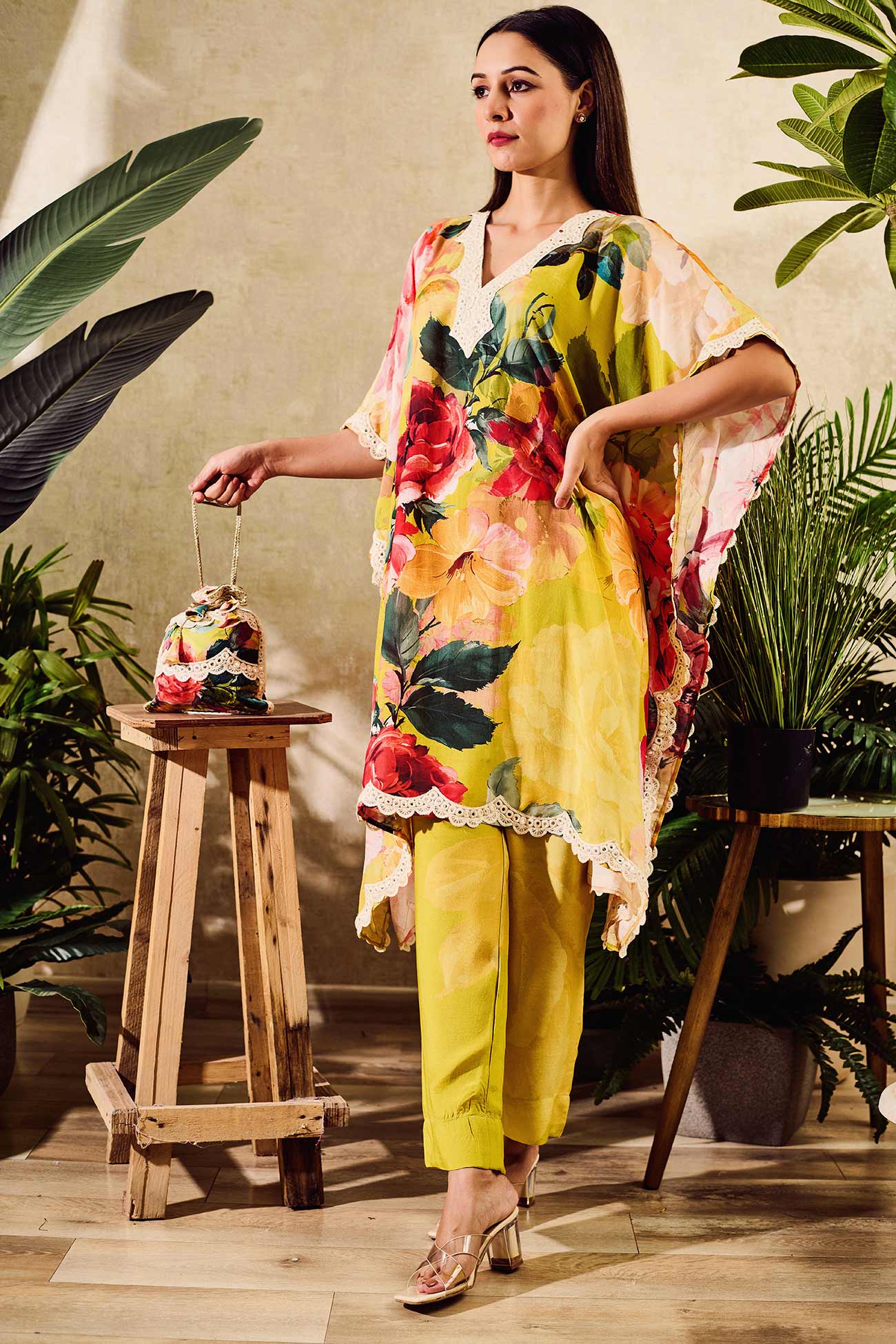 Yellow Cotton Silk Print Floral V Neck Rose Bloom Kaftan And Pant Set