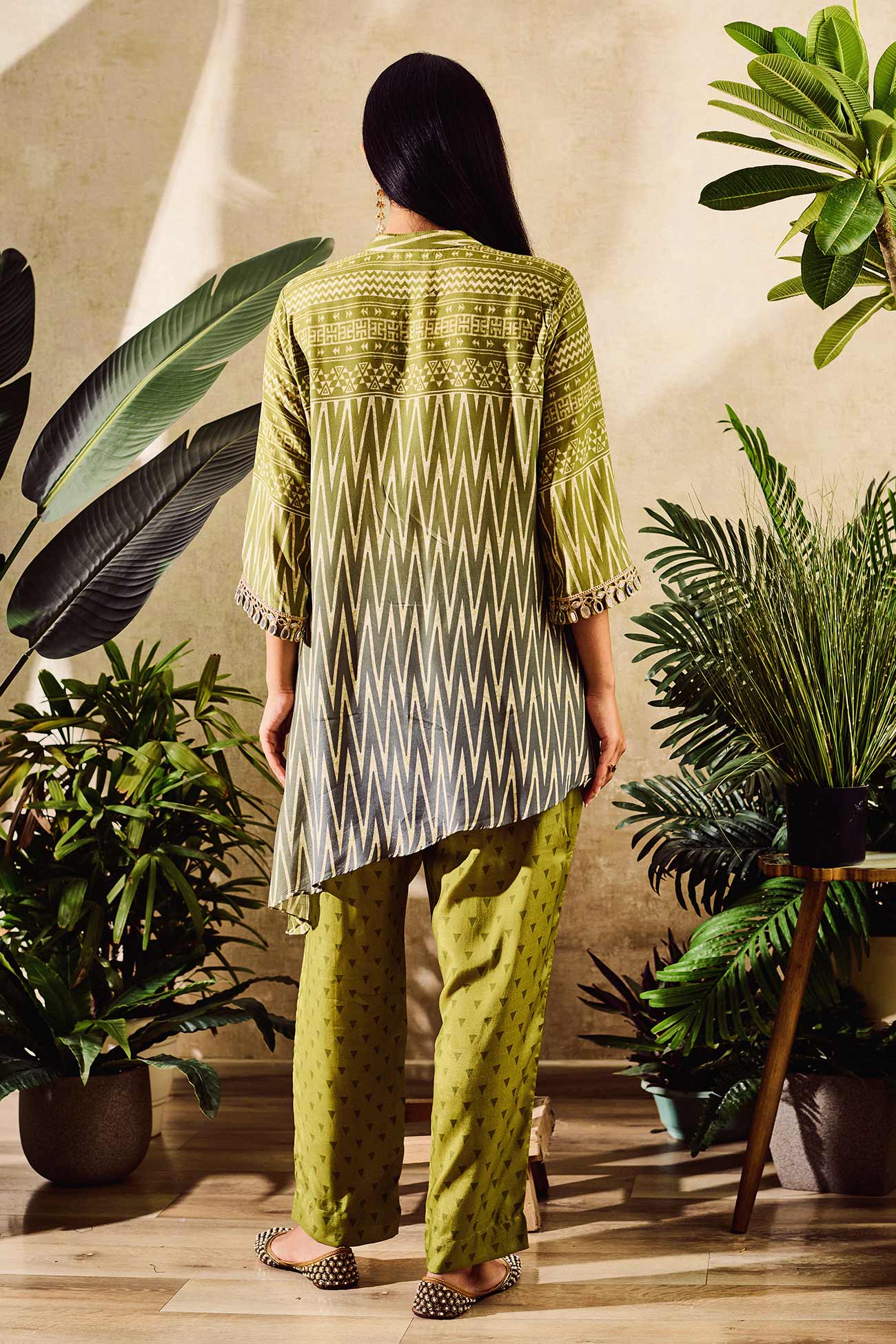 Green Cotton Silk Print Geometric Round Collar Tunic With Pant