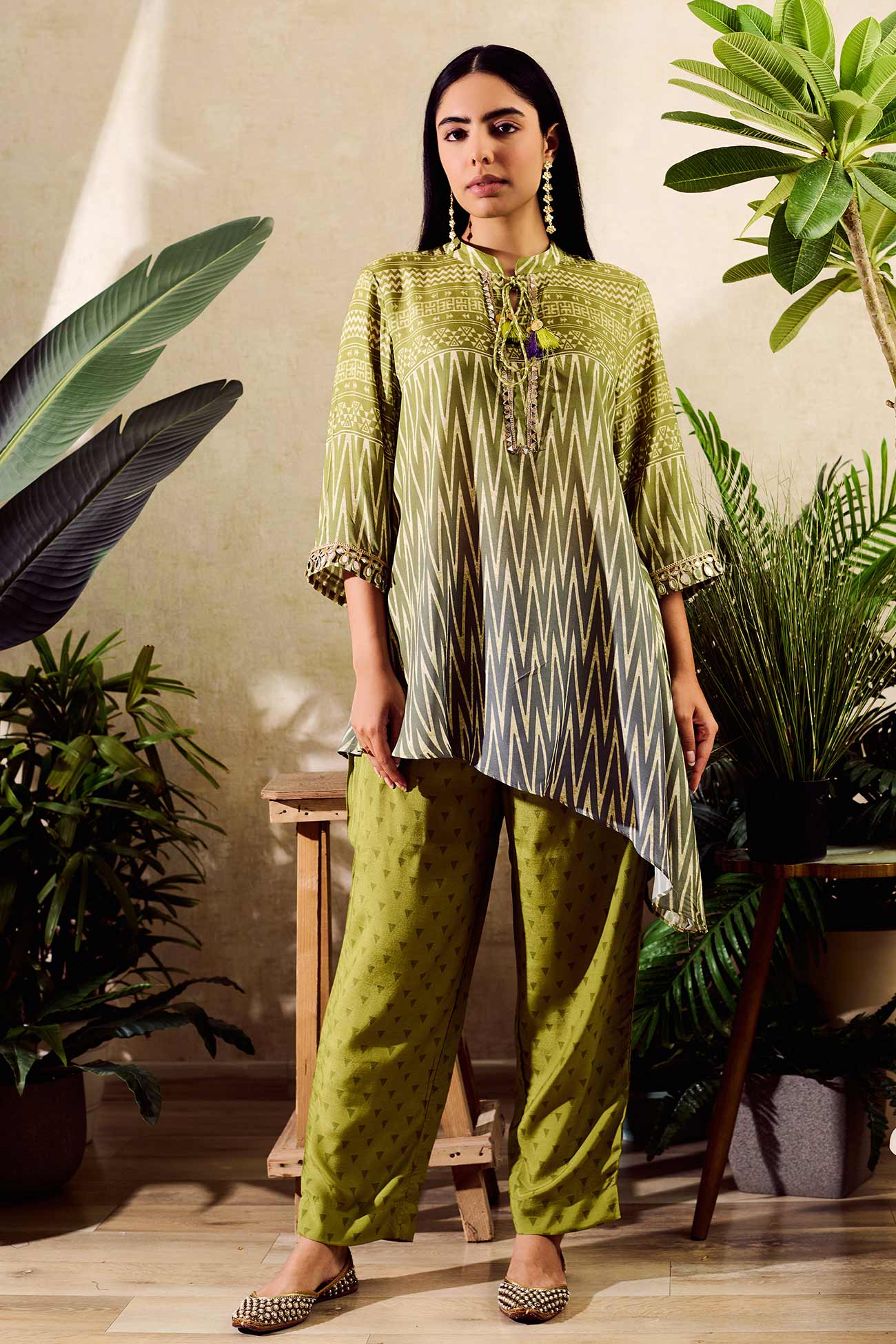 Green Cotton Silk Print Geometric Round Collar Tunic With Pant