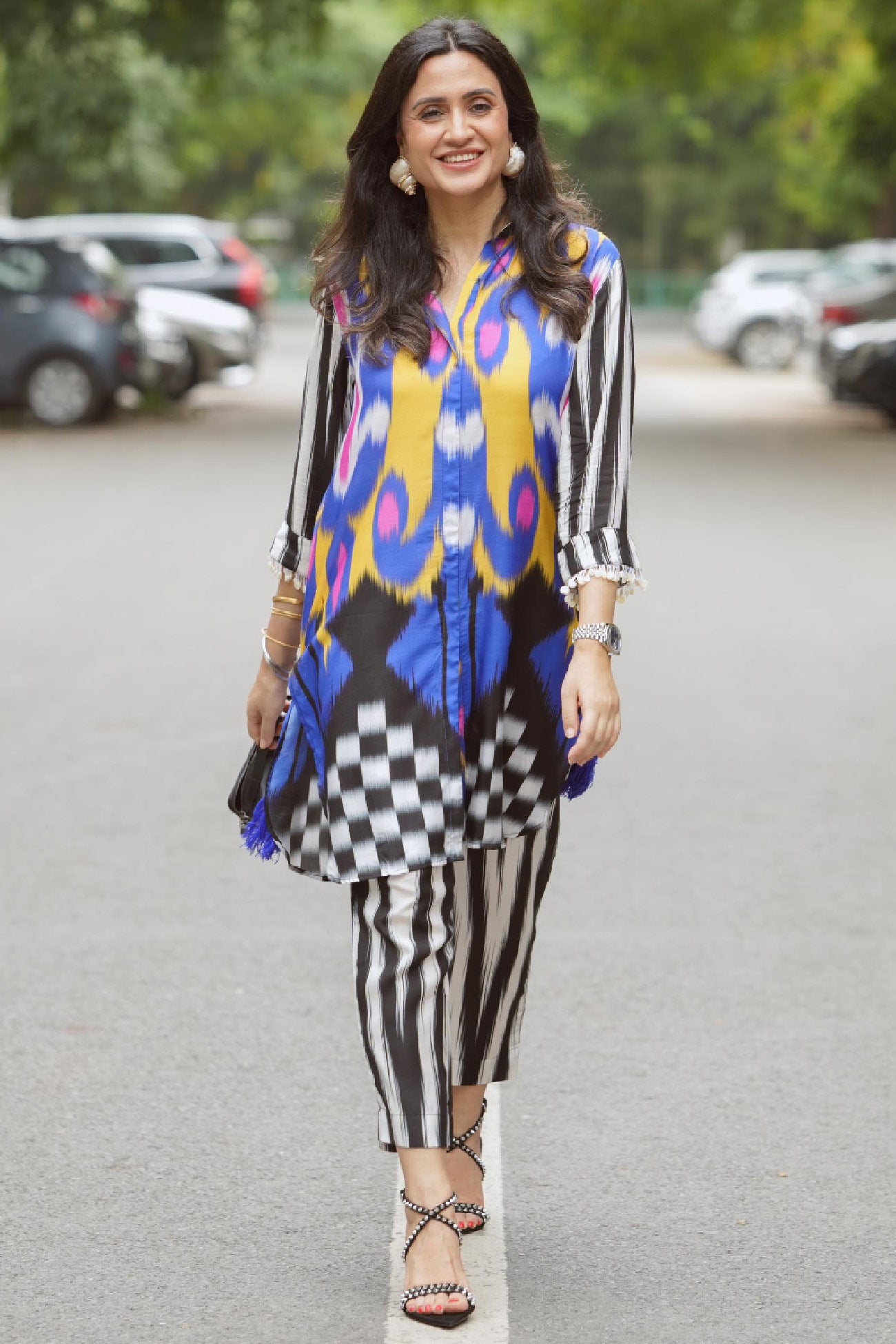 Multi Color Cotton Silk Print Abstract Collared Neck Long Shirt With Pant